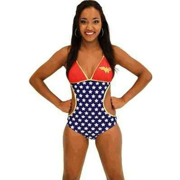 Wonder Woman One Piece DC Comics Red Blue Star Monokini Bathing Swimsuit Sz M - Picture 2 of 16